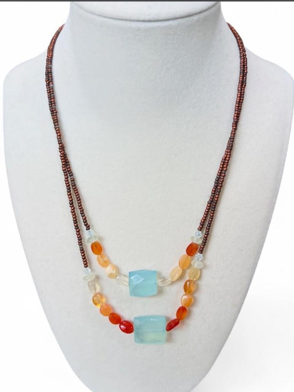 Vintage 1990s Aqua Orange Double Strand Beaded Necklace Boho Artisan